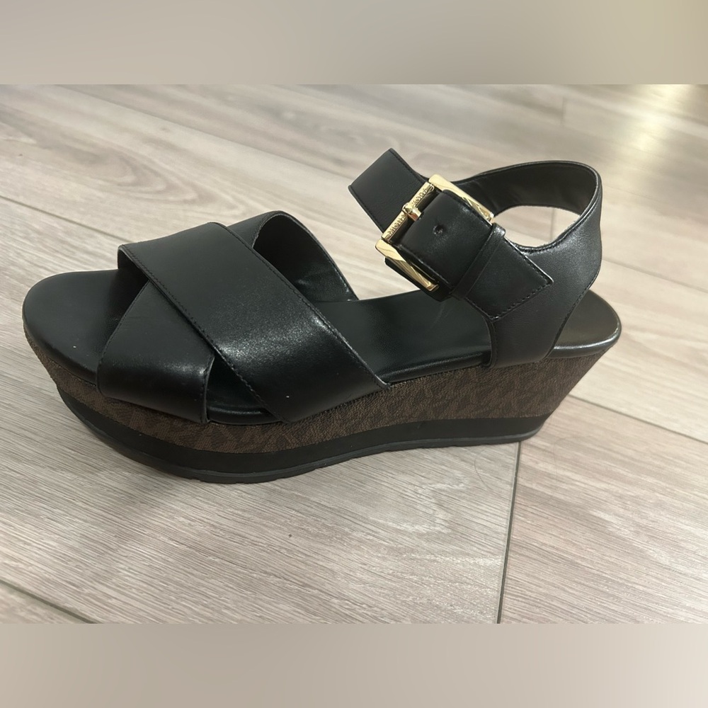 Michael Kors Black Leather Platform Wedge Sandals with Gold Buckle